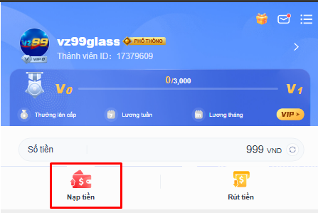 Quy chuẩn nạp tiền VZ99 đơn giản, dễ hiểu nhất 11 Nhấp chọn mục nạp tiền VZ99